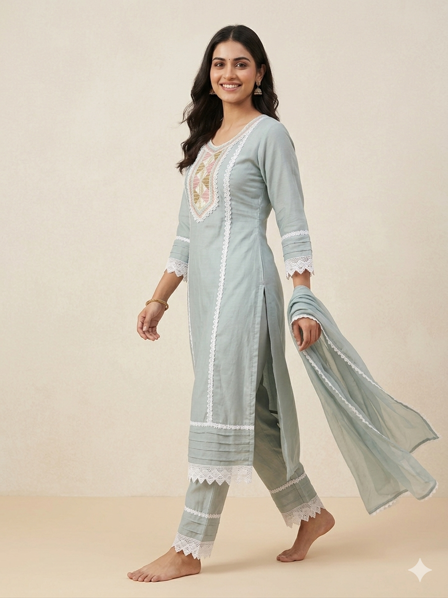 Cotton Blend suit with Embroidered Lace work