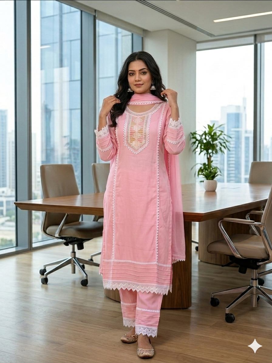 Cotton Blend suit with Embroidered Lace work