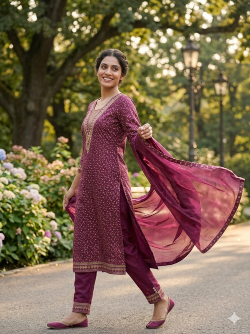 Cotton Blend Embroidery Suit - Golden Floral Printed Kurta Pant Set with Dupatta