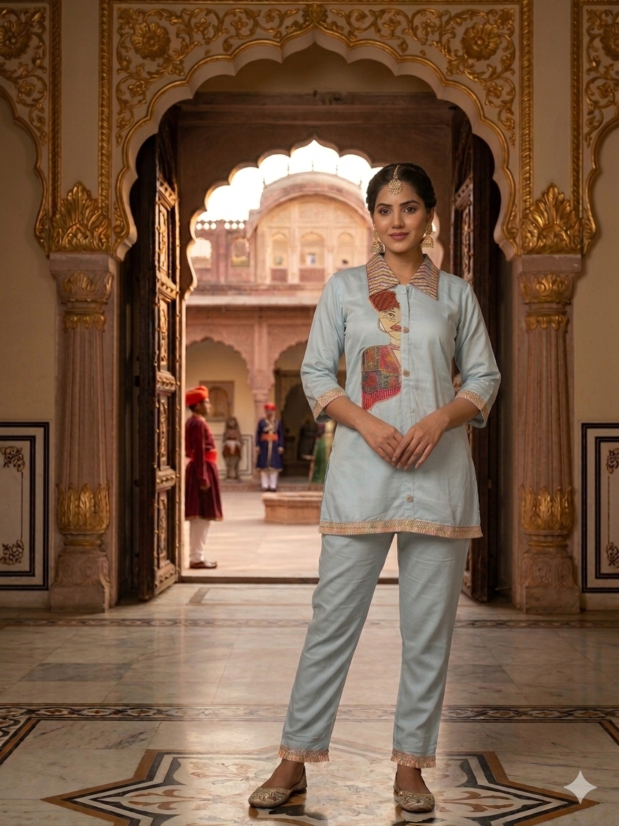 Trendy Coord set | Silk Blend Ethnic Top & Trouser Set (Size - 40)
