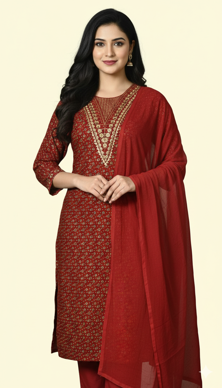 Cotton Blend Embroidery Suit - Golden Floral Printed Kurta Pant Set with Dupatta