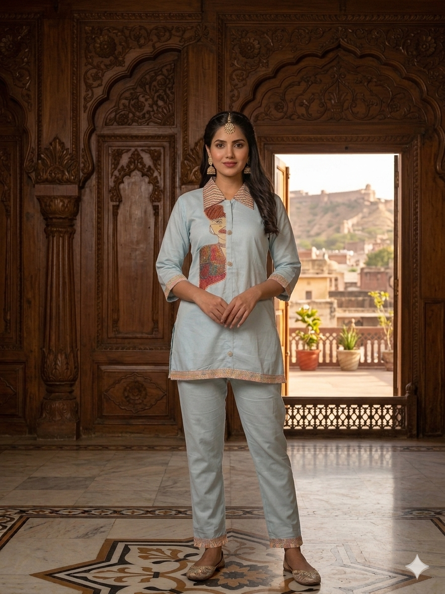 Trendy Coord set | Silk Blend Ethnic Top & Trouser Set (Size - 40)