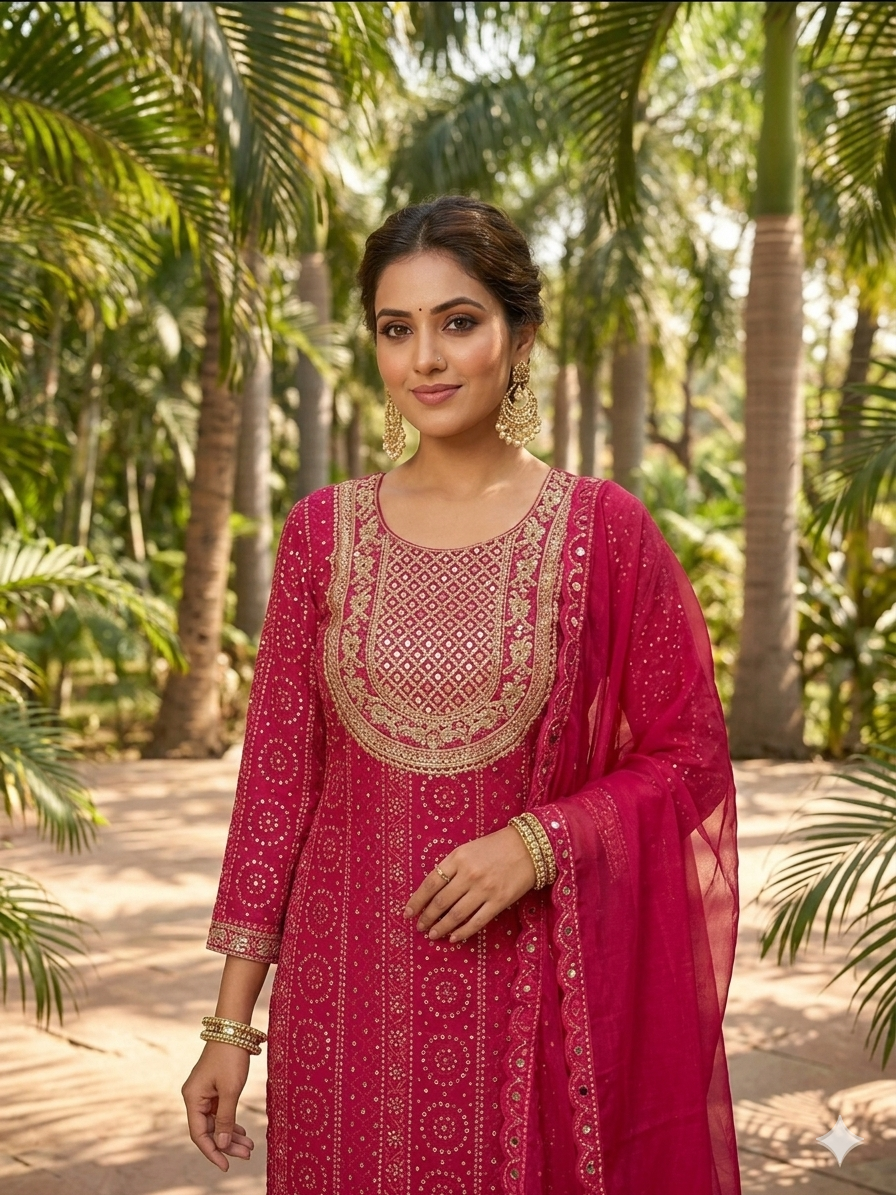 Cotton Designer Suit | Embroidery Golden with Pant & Georgette Dupatta