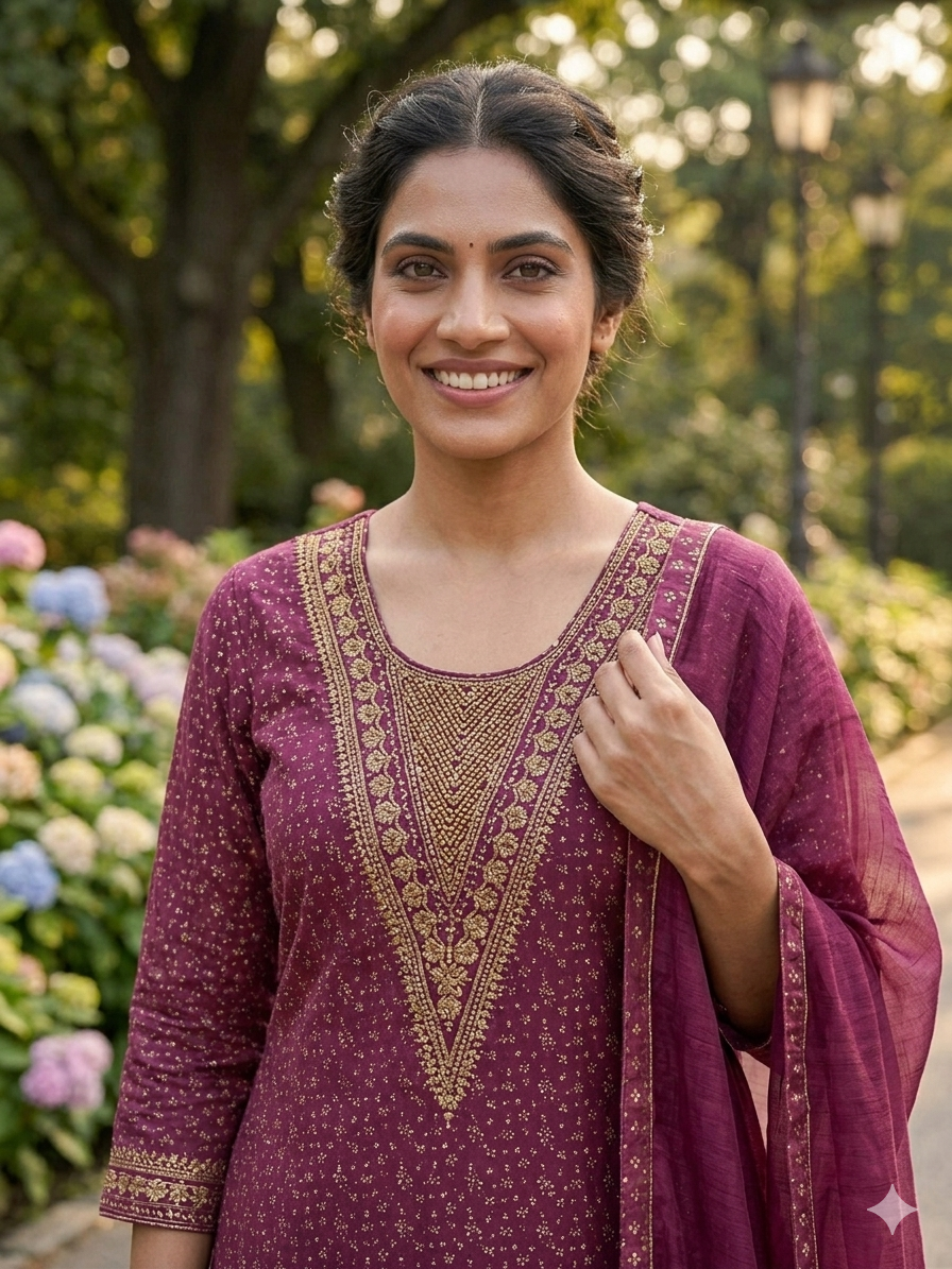 Cotton Blend Embroidery Suit - Golden Floral Printed Kurta Pant Set with Dupatta