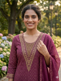 Cotton Blend Embroidery Suit - Golden Floral Printed Kurta Pant Set with Dupatta