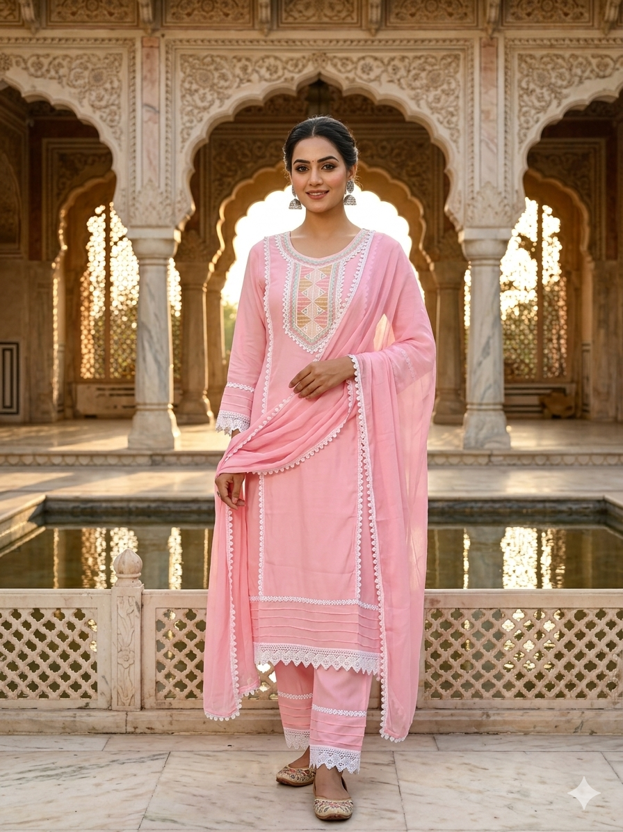 Cotton Blend suit with Embroidered Lace work