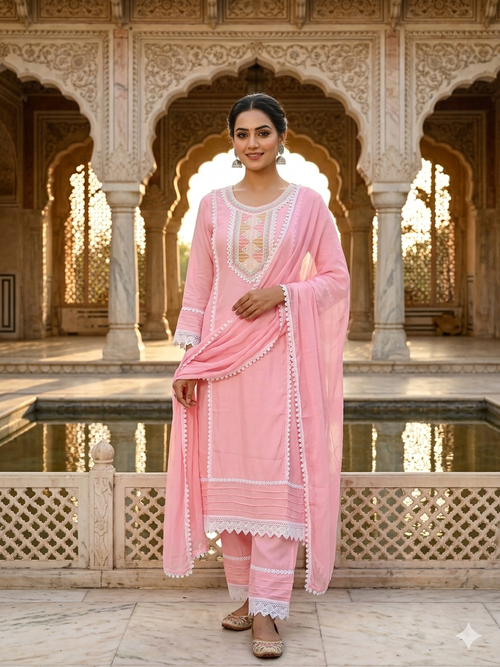 Cotton Blend suit with Embroidered Lace work