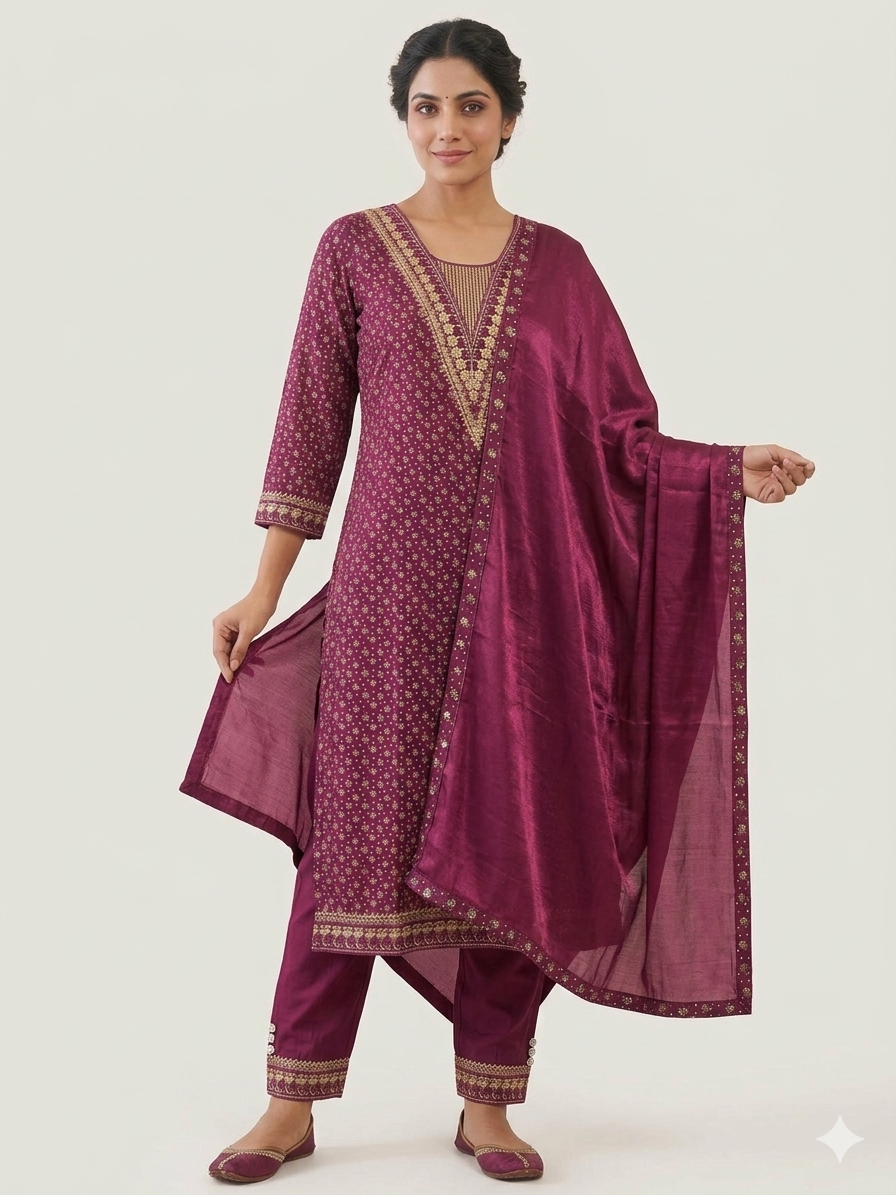 Cotton Blend Embroidery Suit - Golden Floral Printed Kurta Pant Set with Dupatta