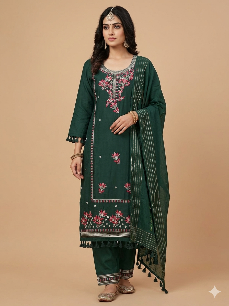 Suit - Soft Cotton Traditional Embroidered with Designer Dupatta