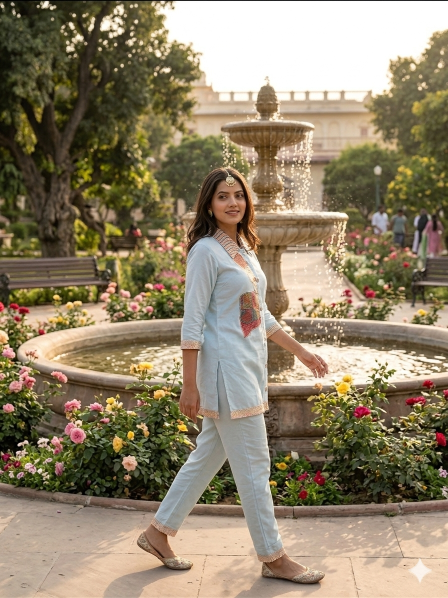 Trendy Coord set | Silk Blend Ethnic Top & Trouser Set (Size - 40)