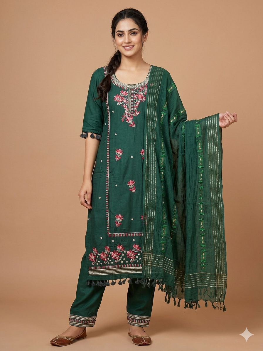 Suit - Soft Cotton Traditional Embroidered with Designer Dupatta