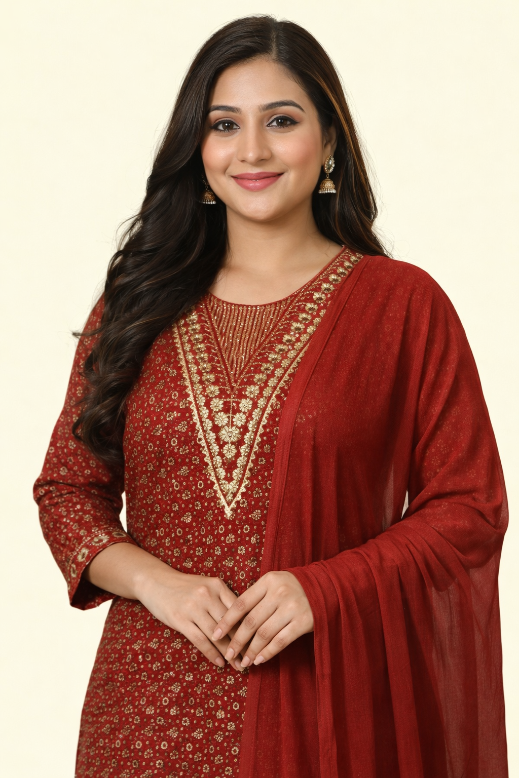 Cotton Blend Embroidery Suit - Golden Floral Printed Kurta Pant Set with Dupatta