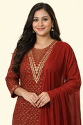 Cotton Blend Embroidery Suit - Golden Floral Printed Kurta Pant Set with Dupatta