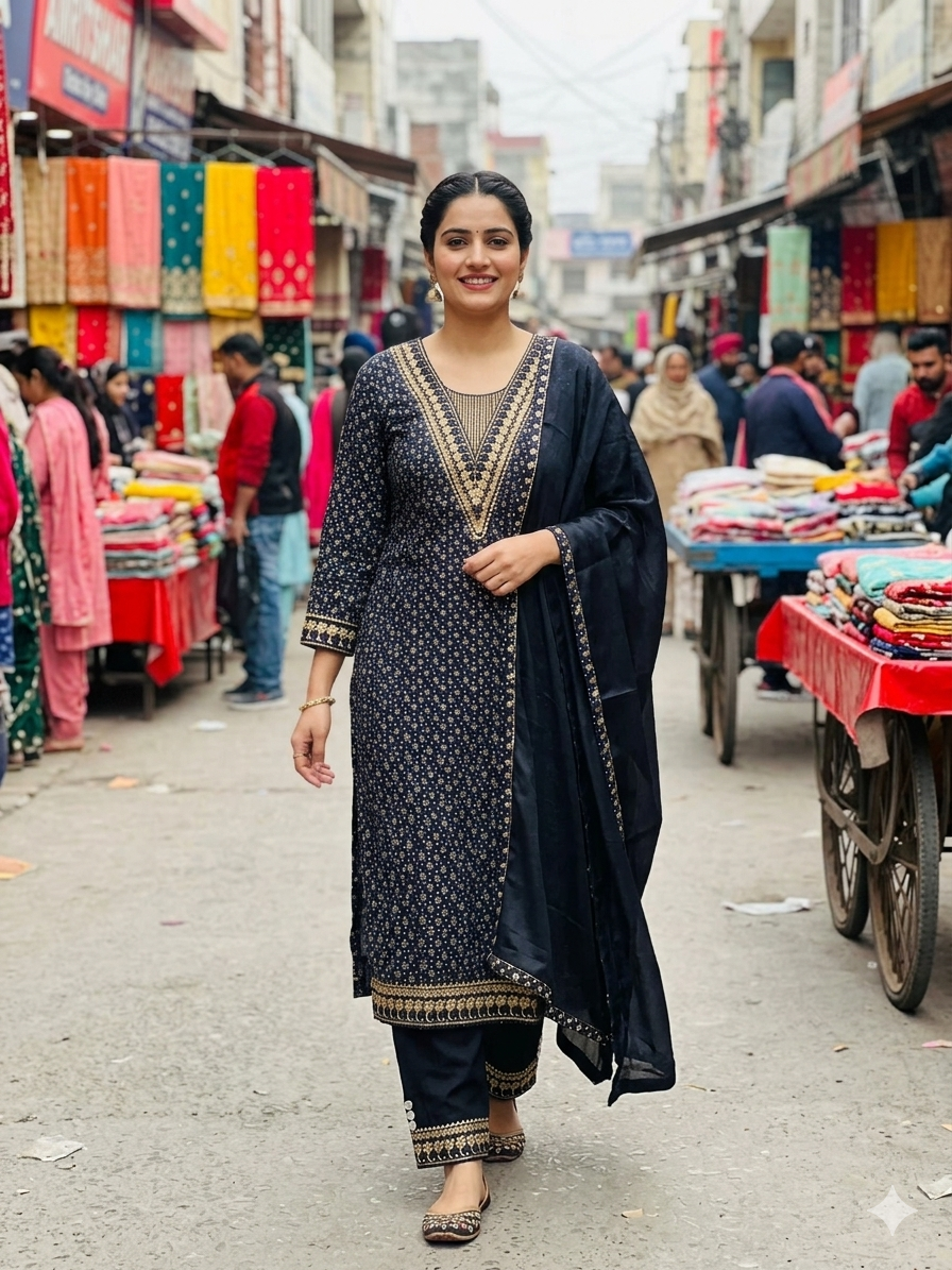 Cotton Blend Embroidery Suit - Golden Floral Printed Kurta Pant Set with Dupatta