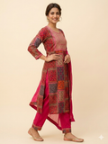 Golden Neck Embroidered Cotton Suit, Block printing with Pant & Chiffon Dupatta