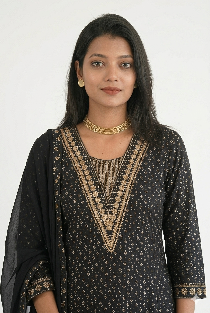 Cotton Blend Embroidery Suit - Golden Floral Printed Kurta Pant Set with Dupatta