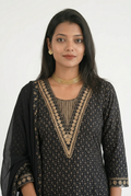 Cotton Blend Embroidery Suit - Golden Floral Printed Kurta Pant Set with Dupatta