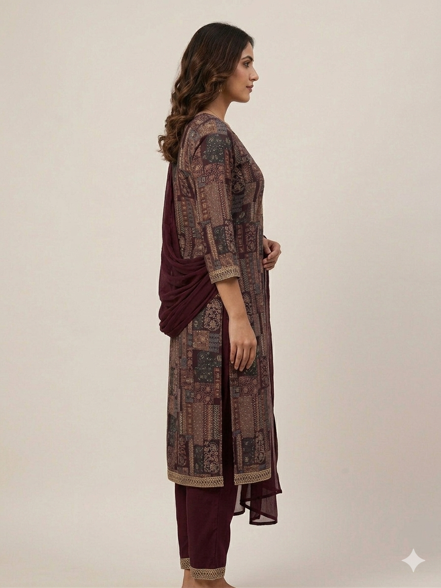 Rayon Premium printed Embroidered Kurta with Pant & Plain Chiffon Printed Dupatta