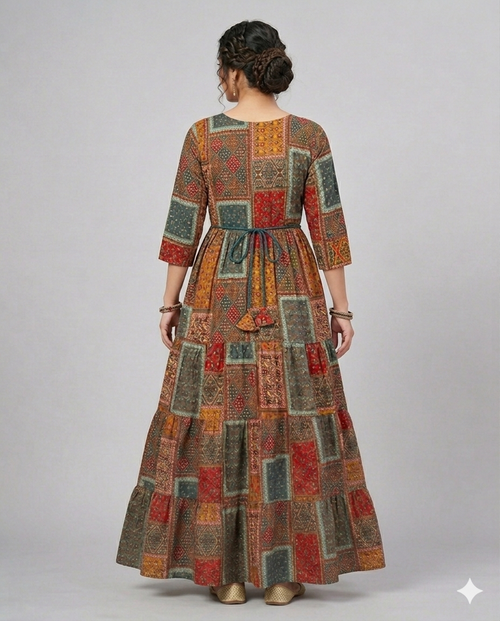 Cotton blend block printed dress with waist matching dori