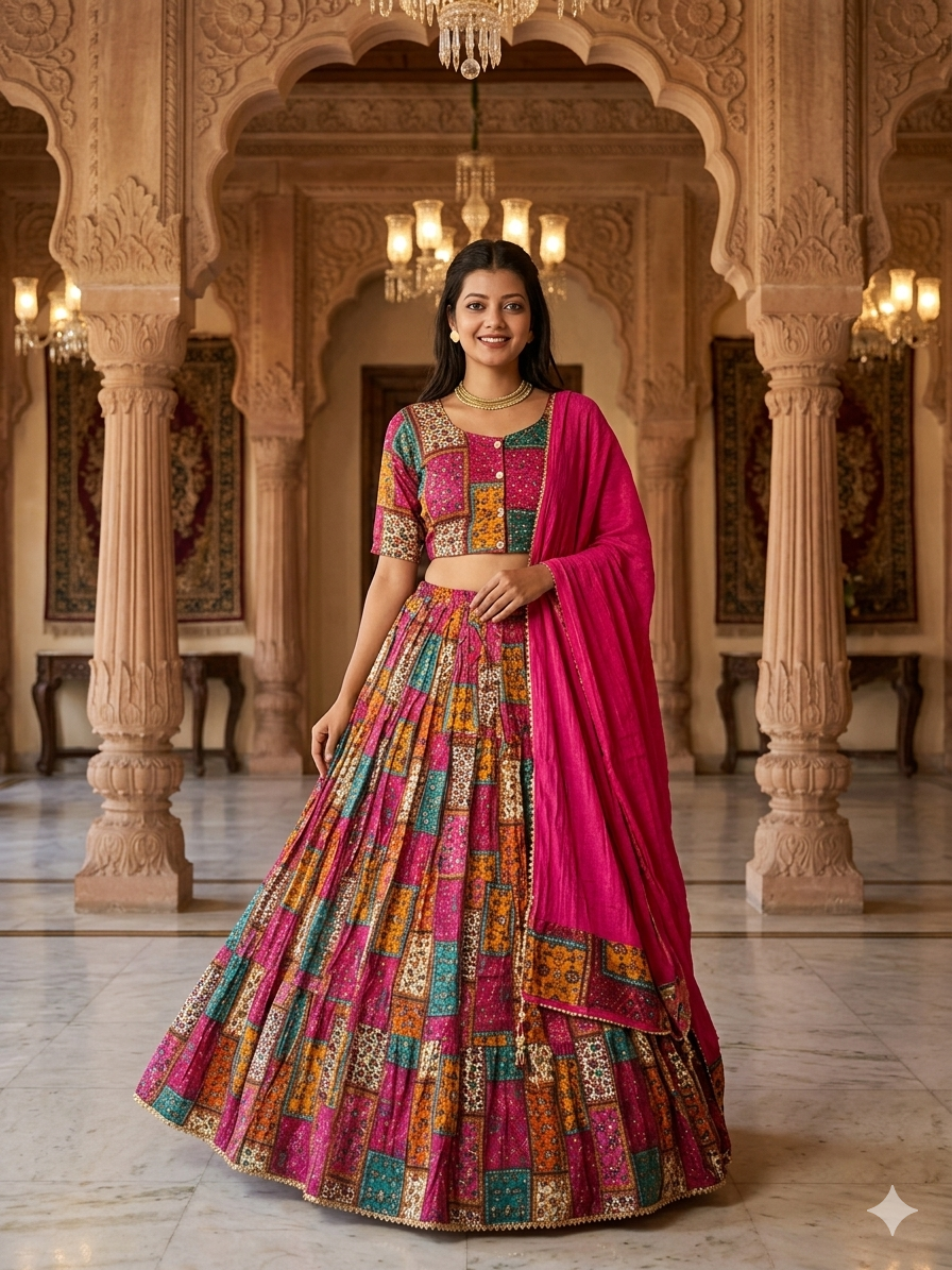 Lehenga - Block Printed with Ethnic Free Size Skirt, Rayon Dupatta