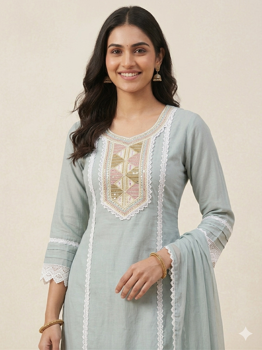 Cotton Blend suit with Embroidered Lace work