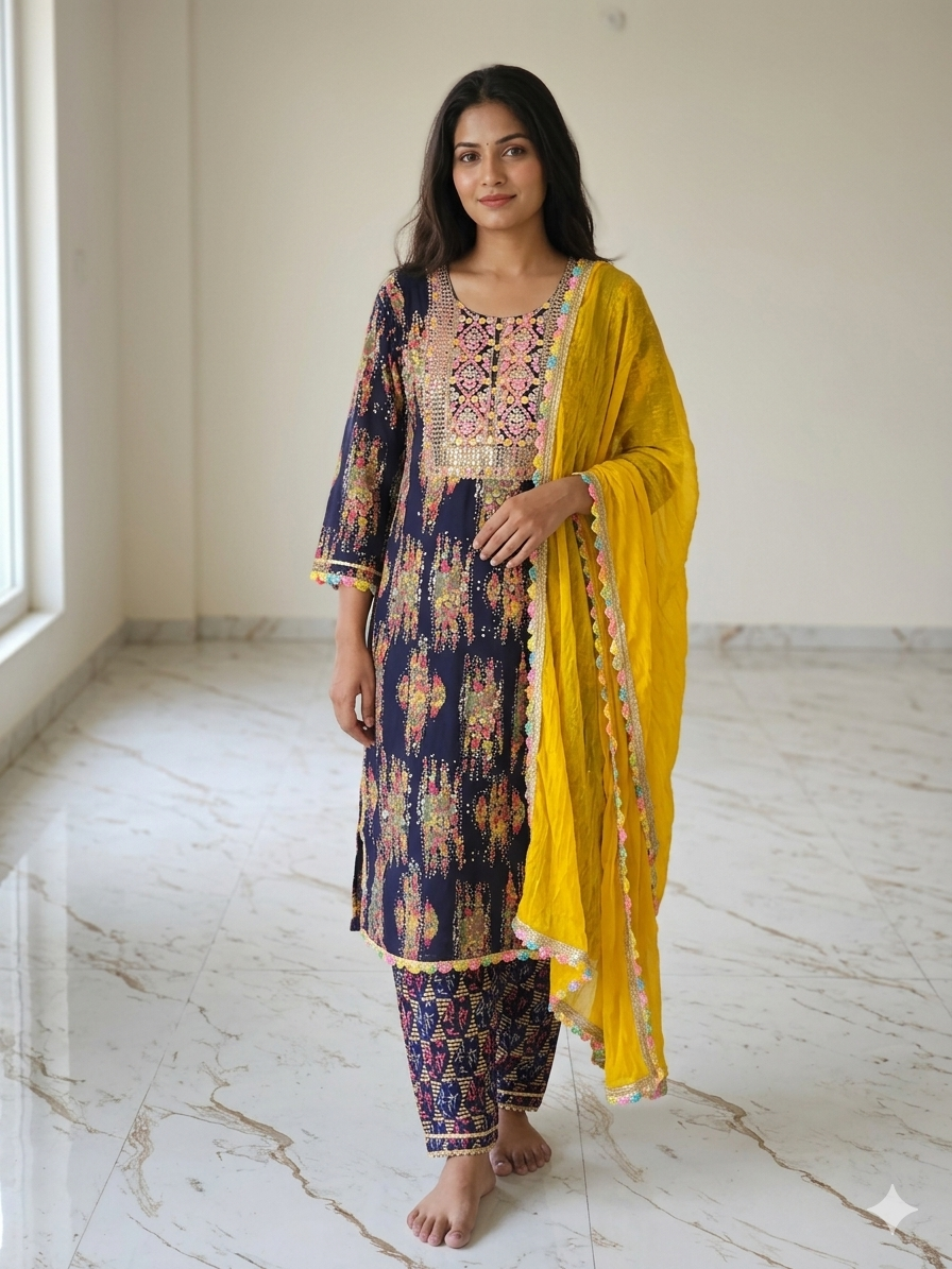 Suit - Cotton Embroidered Floral Printed Suit Set