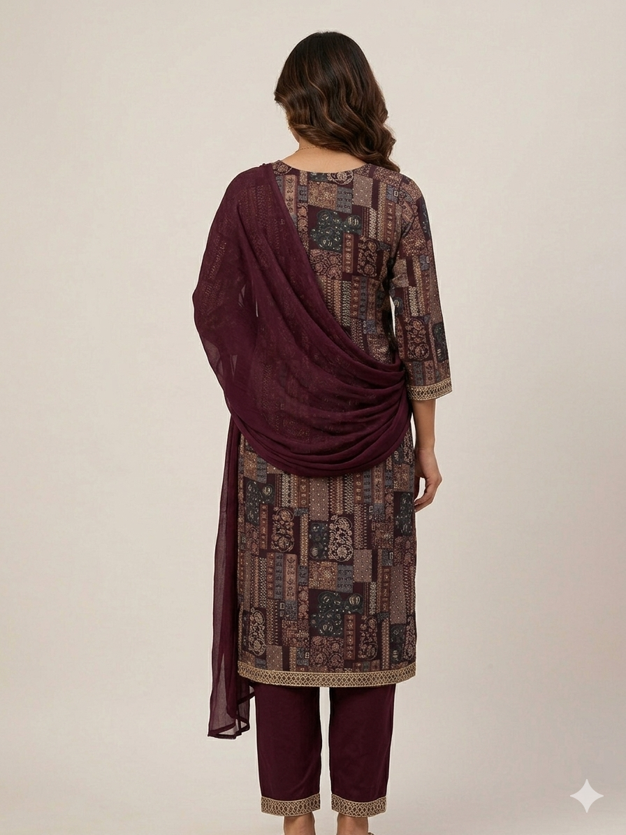 Rayon Premium printed Embroidered Kurta with Pant & Plain Chiffon Printed Dupatta