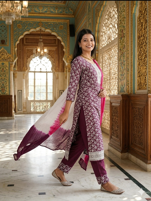 All Over Chikankari Embroidery Anarkali Kurta, Pant Set With Chiffon Dupatta