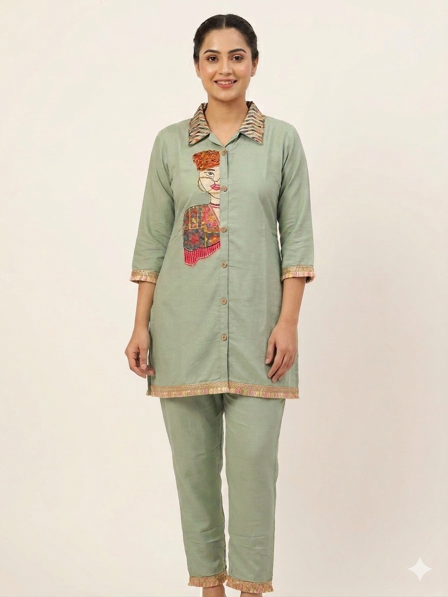 Trendy Coord set | Silk Blend Ethnic Top & Trouser Set (Size - 40)