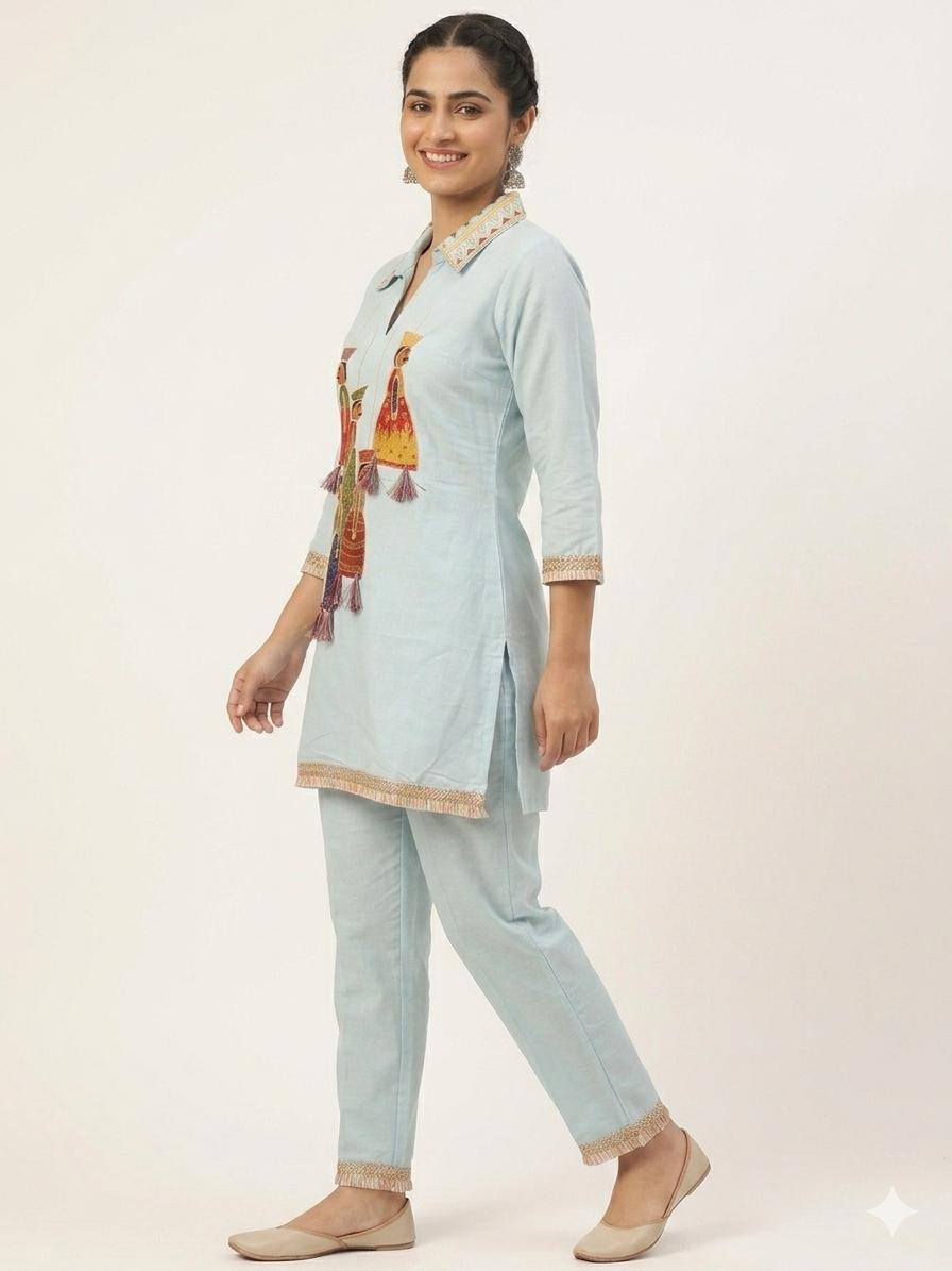 Trendy Coord set | Silk Blend Ethnic Top & Trouser Set (Size - 40)