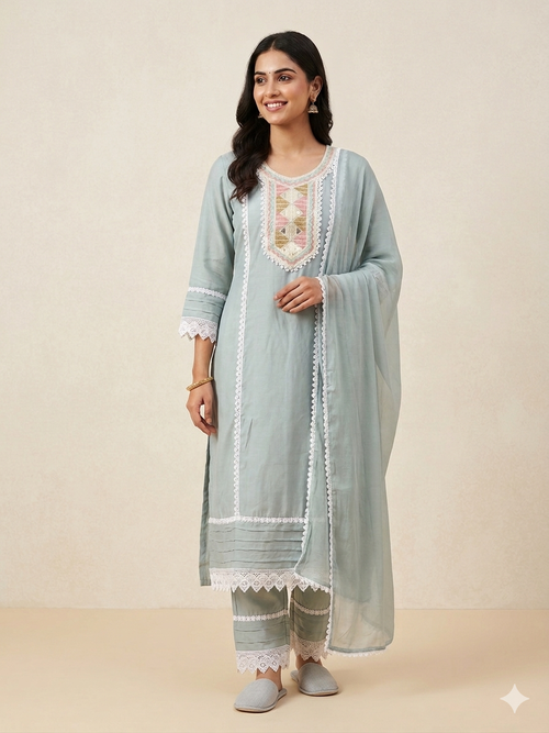 Cotton Blend suit with Embroidered Lace work