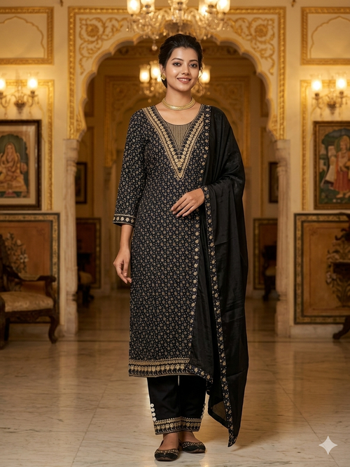 Cotton Blend Embroidery Suit - Golden Floral Printed Kurta Pant Set with Dupatta