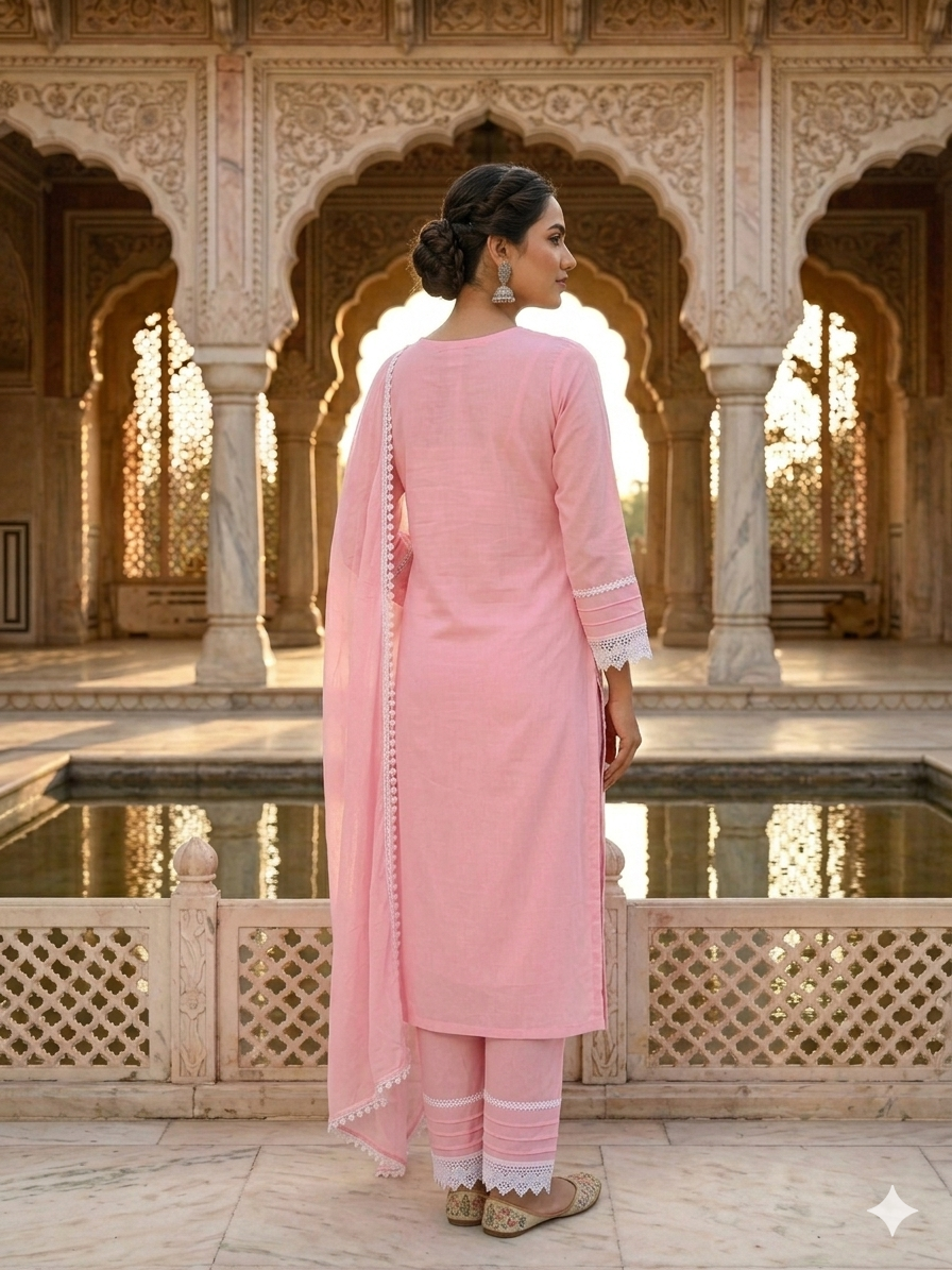 Cotton Blend suit with Embroidered Lace work
