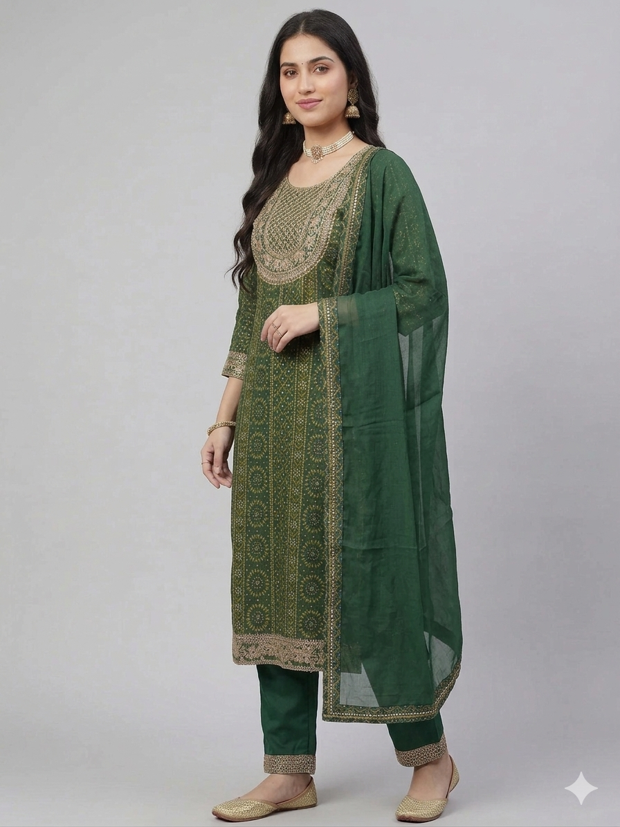 Cotton Designer Suit | Embroidery Golden with Pant & Georgette Dupatta