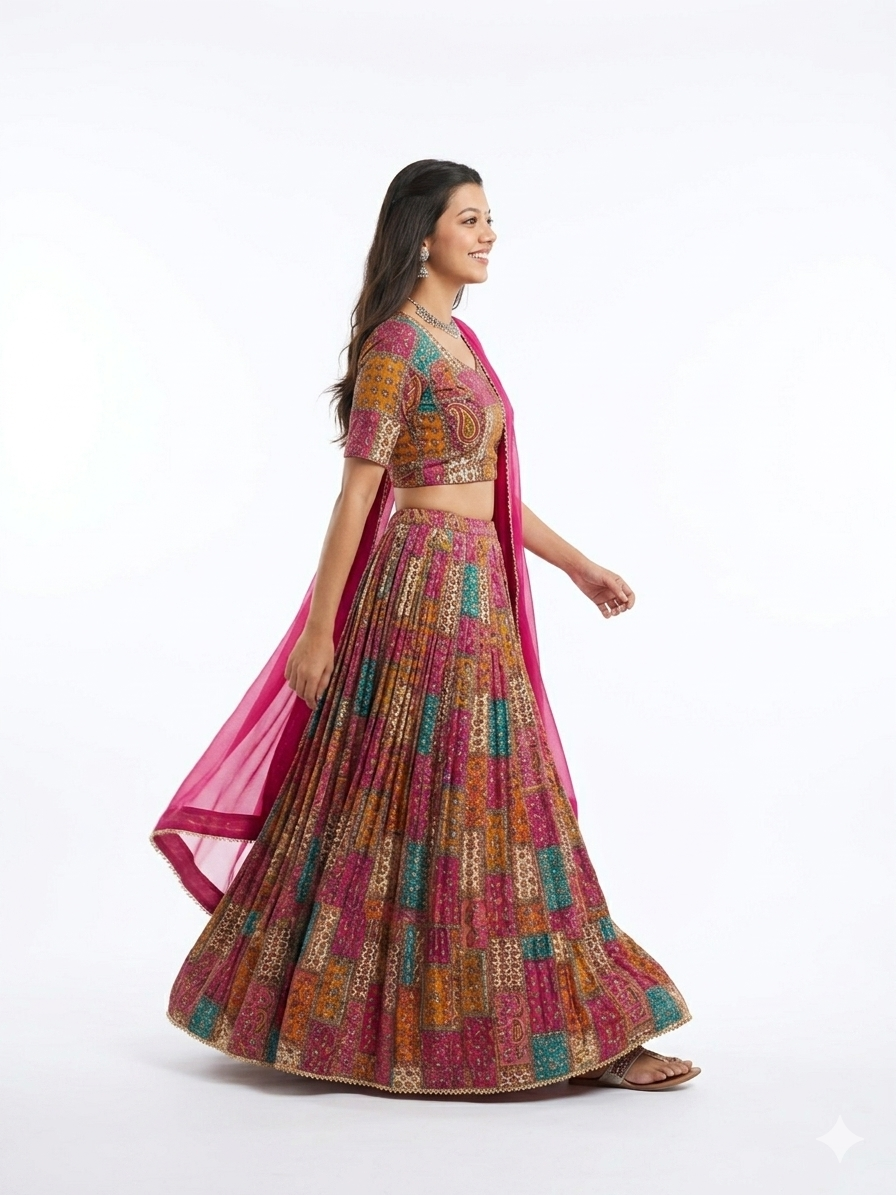 Lehenga - Block Printed with Ethnic Free Size Skirt, Rayon Dupatta