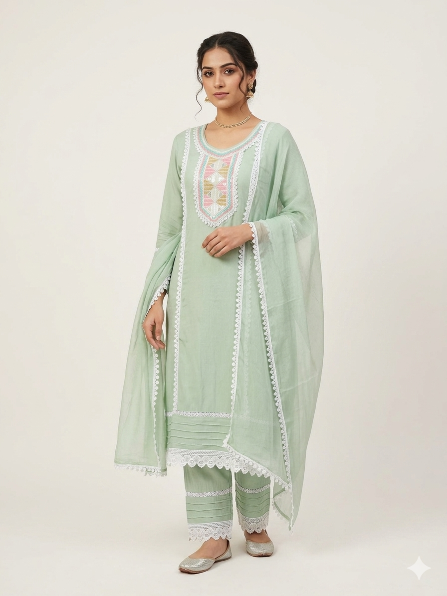 Cotton Blend suit with Embroidered Lace work