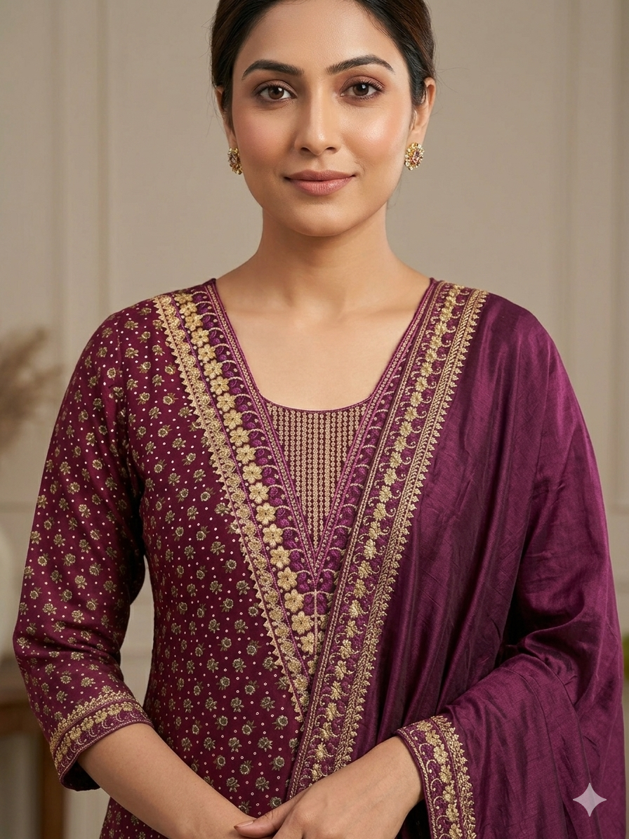 Cotton Blend Embroidery Suit - Golden Floral Printed Kurta Pant Set with Dupatta