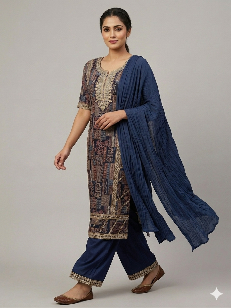 Rayon Premium printed Embroidered Kurta with Pant & Plain Chiffon Printed Dupatta