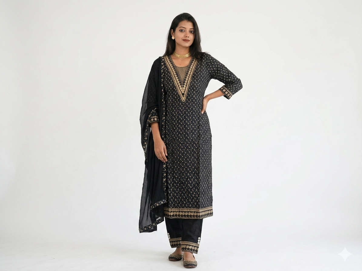 Cotton Blend Embroidery Suit - Golden Floral Printed Kurta Pant Set with Dupatta
