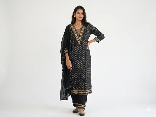 Cotton Blend Embroidery Suit - Golden Floral Printed Kurta Pant Set with Dupatta