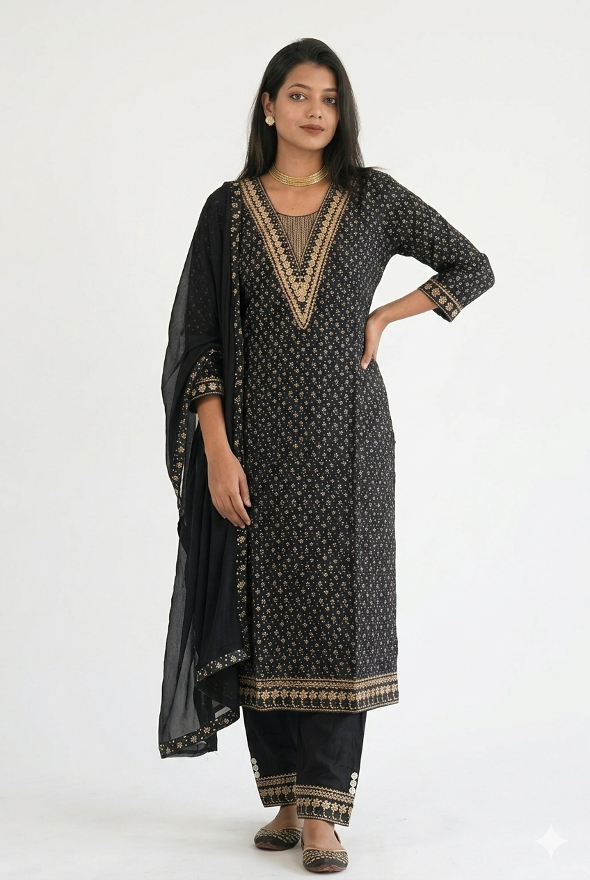 Cotton Blend Embroidery Suit - Golden Floral Printed Kurta Pant Set with Dupatta