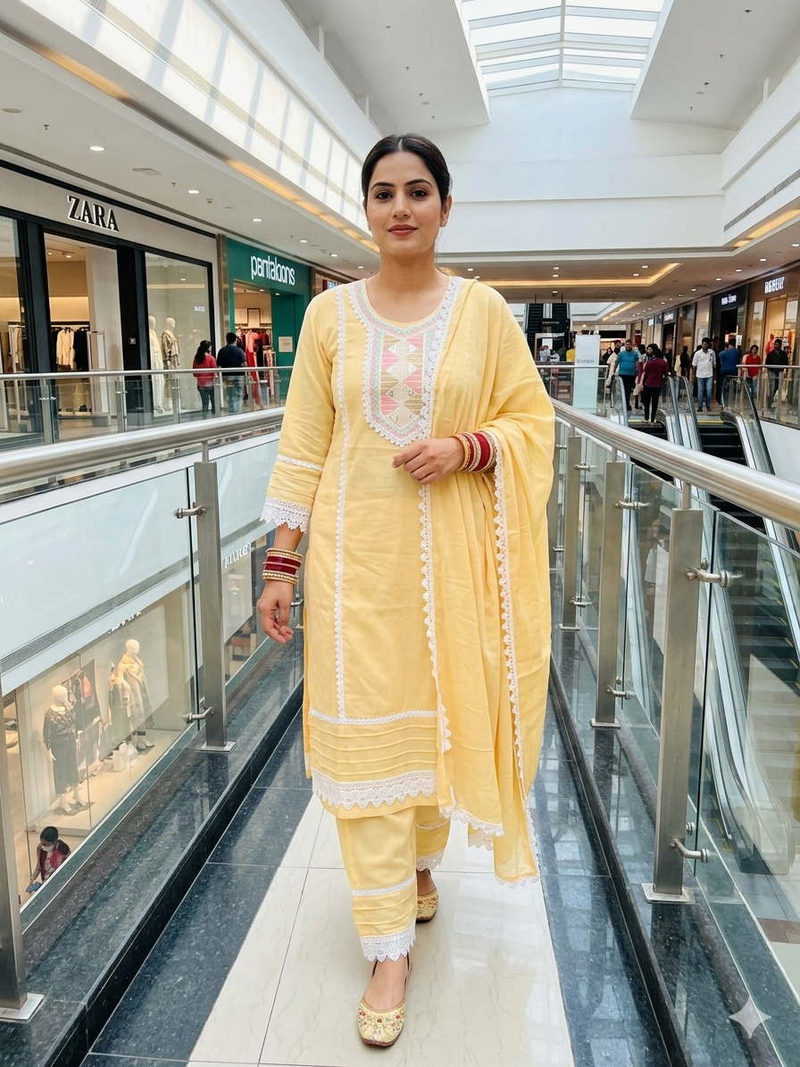 Cotton Blend suit with Embroidered Lace work