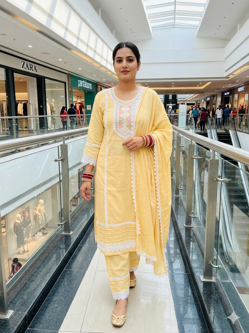 Cotton Blend suit with Embroidered Lace work