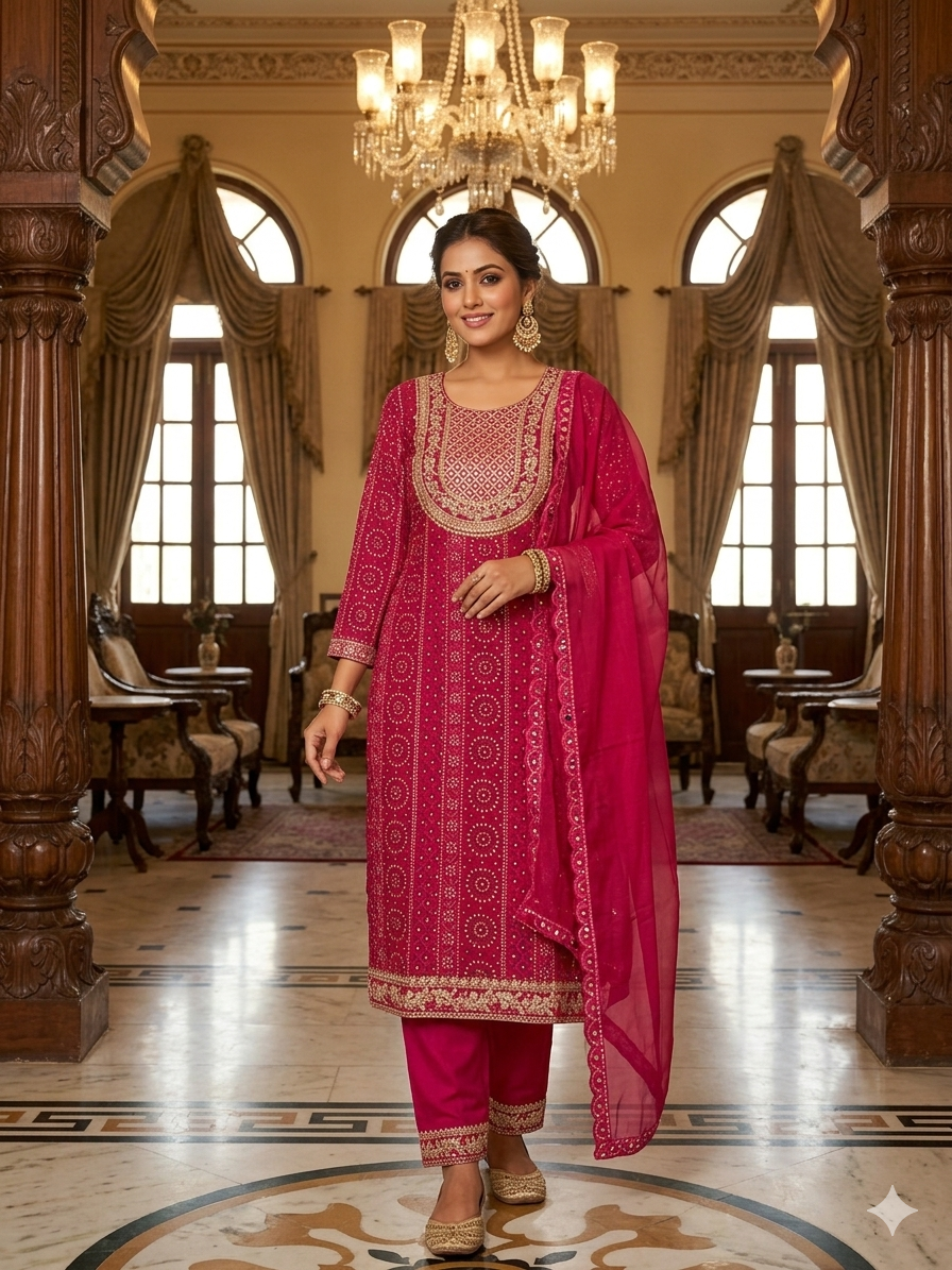 Cotton Designer Suit | Embroidery Golden with Pant & Georgette Dupatta