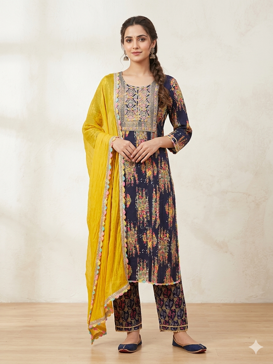 Suit - Cotton Embroidered Floral Printed Suit Set