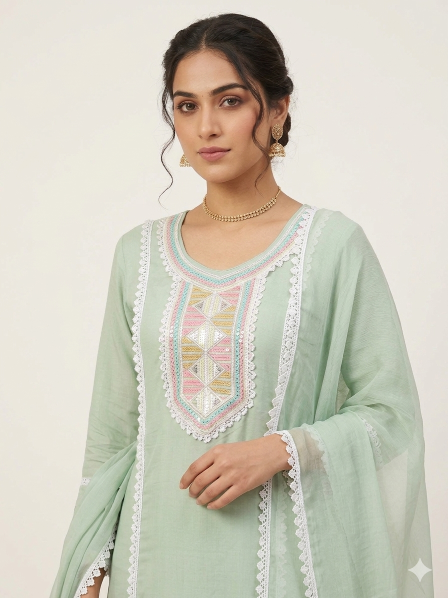 Cotton Blend suit with Embroidered Lace work