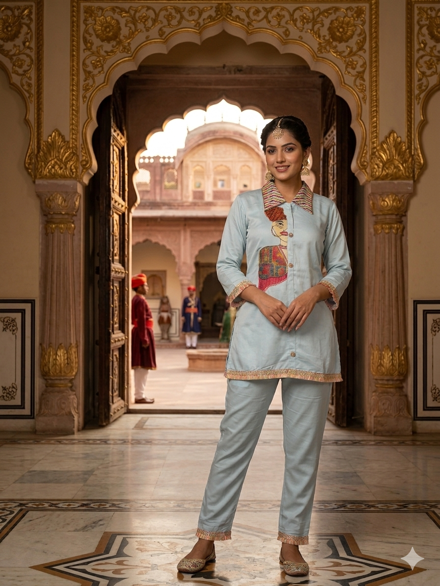 Trendy Coord set | Silk Blend Ethnic Top & Trouser Set (Size - 40)
