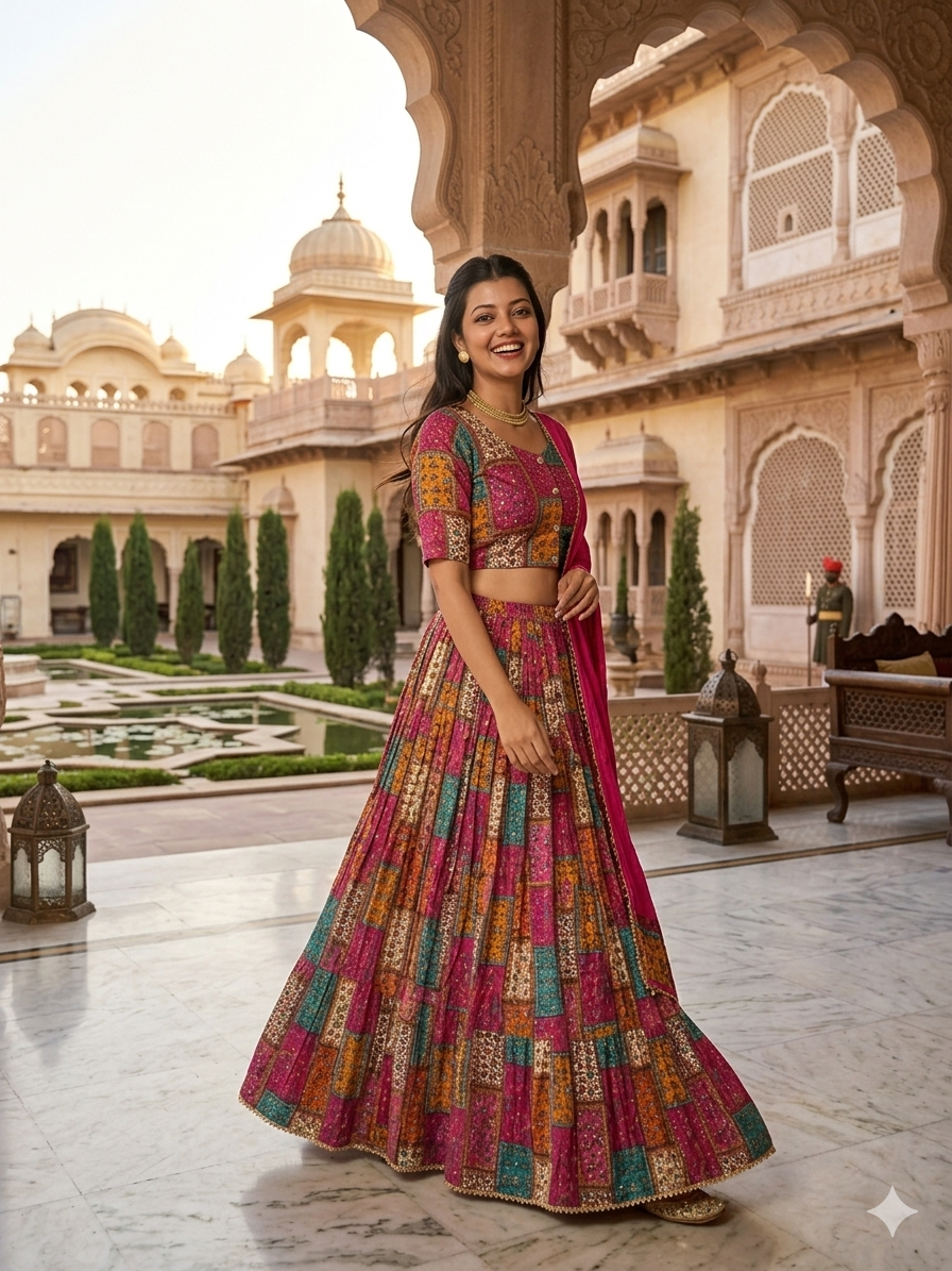 Lehenga - Block Printed with Ethnic Free Size Skirt, Rayon Dupatta