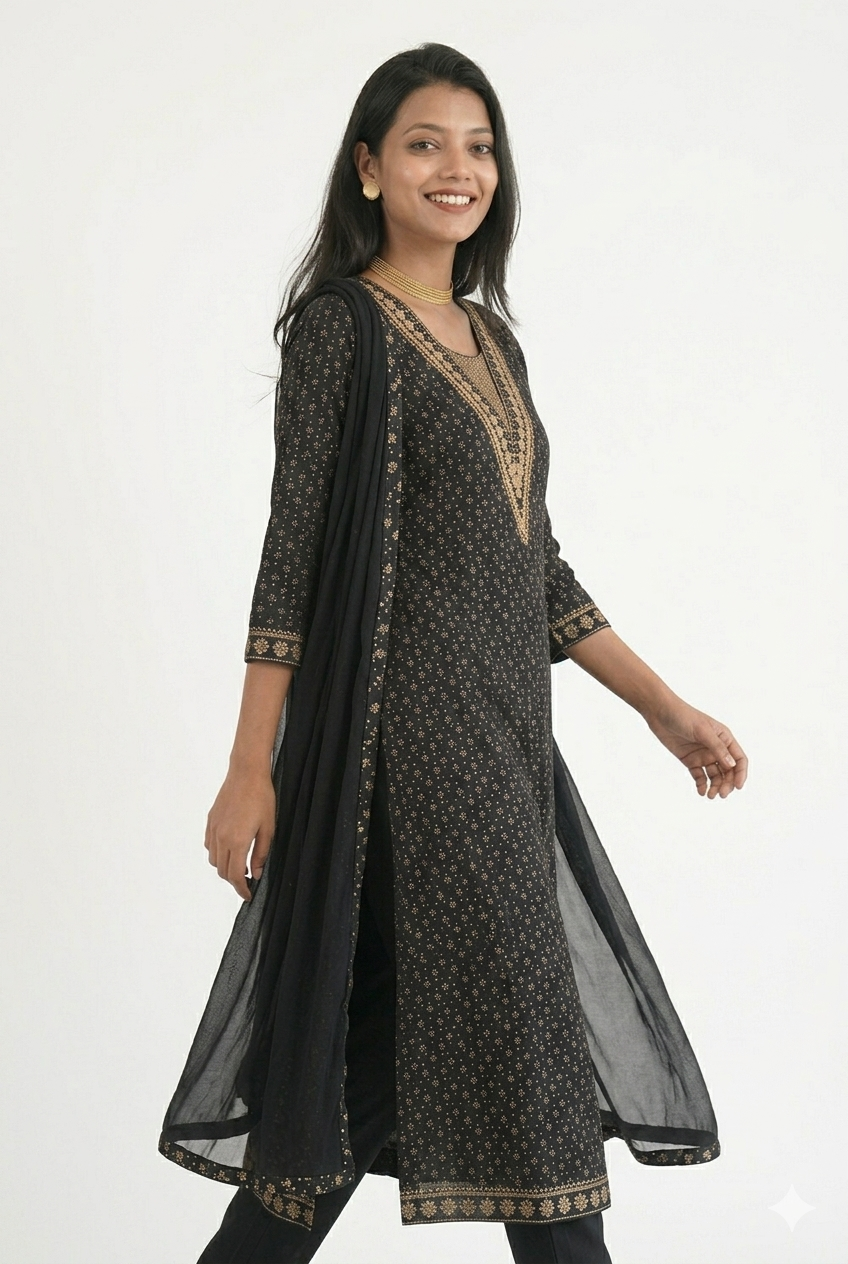 Cotton Blend Embroidery Suit - Golden Floral Printed Kurta Pant Set with Dupatta