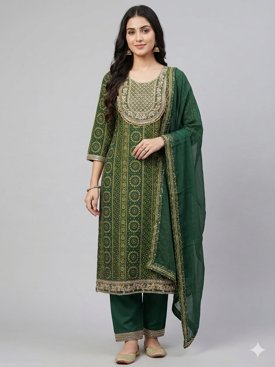 Cotton Designer Suit | Embroidery Golden with Pant & Georgette Dupatta